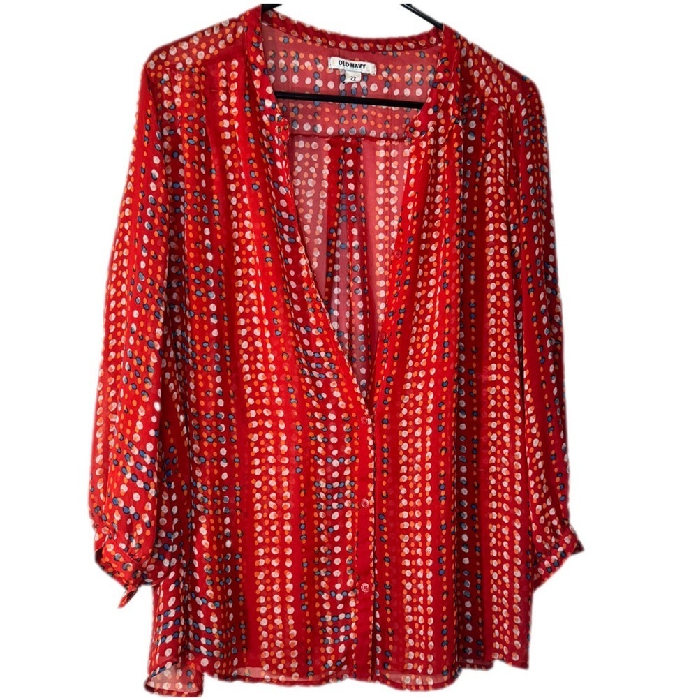 Old Navy 2X Sheer Red Polka Dot Button Down Shirt